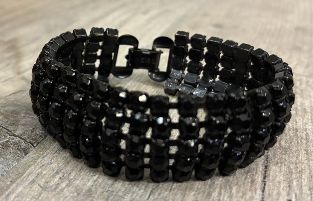 Vintage Signed WEISS 5-Row Jet Black Rhinestone Bracelet 7” Pristine 1950s